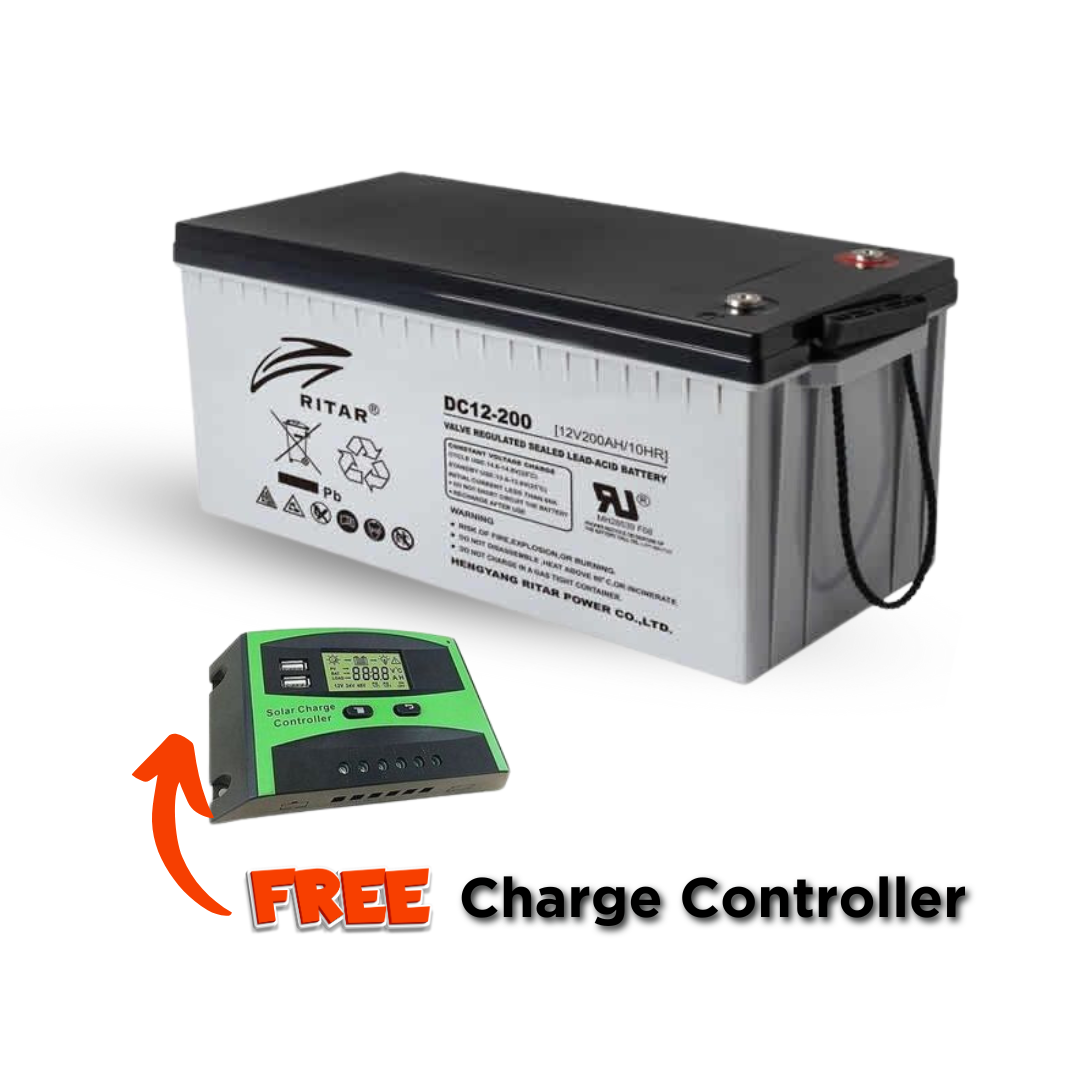 Ritar 200Ah 12V Deep Cycle Battery – FREE 10A Solar Charge Controller Included