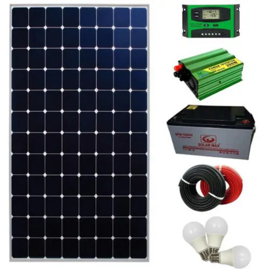 120W Complete Solar Power Kit – 100Ah Battery + 300W Inverter + Controller + 3 Bulbs + Cables