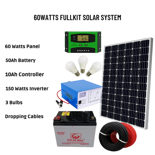 60W Complete Solar Power Kit – 50Ah Battery + 150W Inverter + 10A Controller + 3 Bulbs + Cables