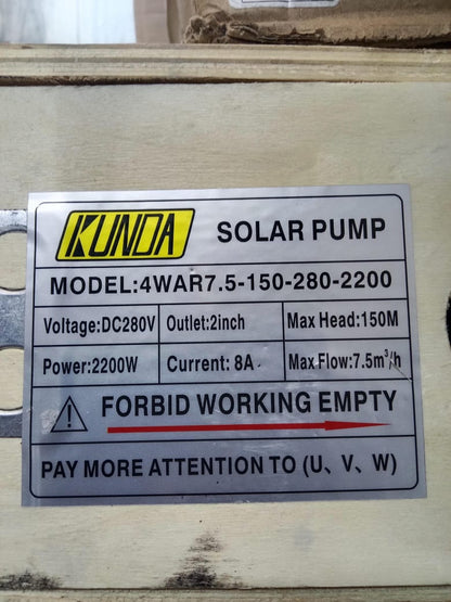 Kunda 4WAR7.5-150-280-2200 Solar Water Pump – 2200W | 150m Head | 7.5m³/hr | 2-Inch Outlet